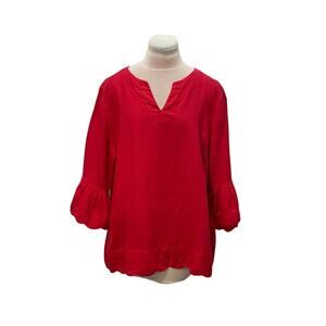 JOHN MARK 100% Linen Red Scallop 3/4 Bell Sleeve Top LARGE Resort Wear Nautical
